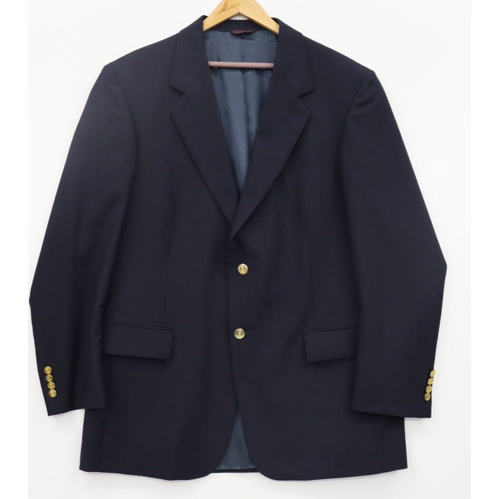 Savile Row Mens 44L Navy Wool Tweed Blazer Gold Logo Buttons Notch Lapel
